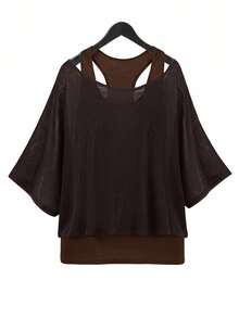 SHEIN Essnce 大尺碼蝙蝠袖T恤與背心2件組 - 棕色 - 查看 1