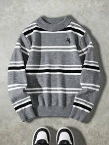 SHEIN 男士拼色圓領寬鬆休閒毛衣，青少年適用 - 彩色 - 查看 1