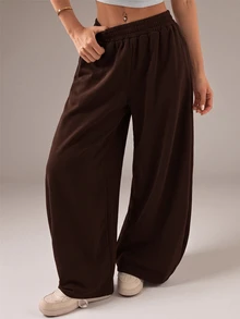 Vivamere Women's Solid Color Casual Versatile Daily Sweatpants - Coffee Brown - View 1