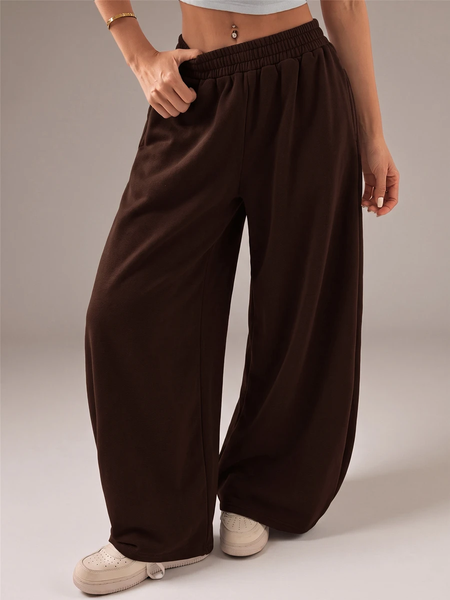 Vivamere Women's Solid Color Casual Versatile Daily Sweatpants - Coffee Brown - View 1