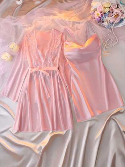 DelicateAllure French Romantic Lace Contrast Mesh And Hollow Satin Sexy Women's Pajama Set