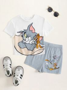 TOM & JERRY X SHEIN 男嬰卡通印花居家休閒套裝 - 白色 - 查看 1