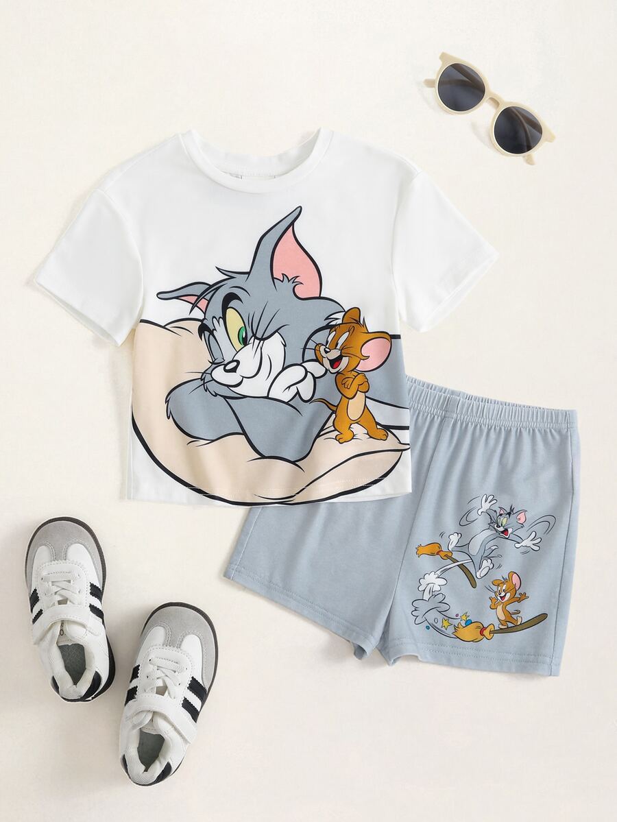 TOM & JERRY X SHEIN 男嬰卡通印花居家休閒套裝 - 白色 - 查看 1