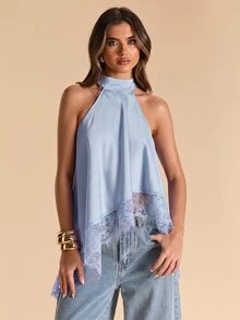 SHEIN BAE 春夏女裝，女士春夏款式，純黑色性感極簡優雅掛脖露背蕾絲飾邊拼接女式背心，高端緞面仿絲女式背心，派對聚會雞尾酒上衣，正式場合聚會上衣，黑色蕾絲緞面拼接女士性感上衣，雞尾酒派對聚會，商務休閒女裝，外出上衣 - 淺藍色 - 查看 6
