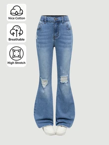SHEIN ChillGRL TWEEN GIRLS 青少年女孩牛仔褲，復古水洗色，街頭時尚，破洞撕裂下擺，喇叭褲腿款，百搭時尚新品 - 淺色水洗藍 - 查看 1