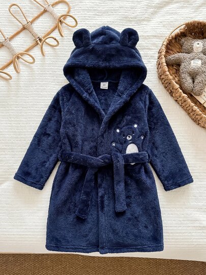 SHEIN 小男孩針織純色刺繡連帽休閒開襟衫家居服