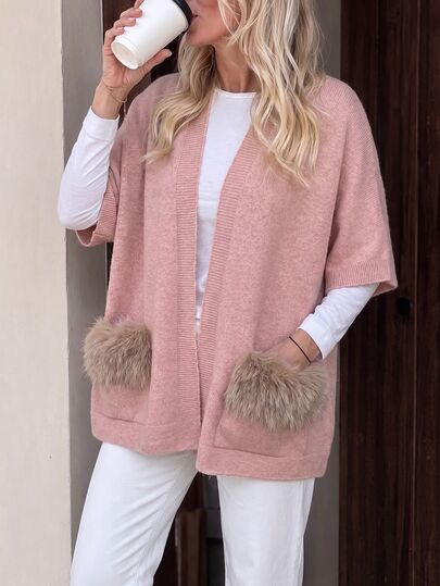 Sprig & Strand Autumn/Winter Lazy Korean Style Plush Pocket Knit Cardigan, V-Neck Mid-Sleeve Loose Shawl Collar, Daily Commute, Afternoon Tea, Date, Layering, Sweet Luxury Style Women's Open Front Jacket