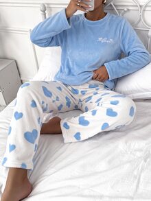 SHEIN 愛心法蘭絨長袖上衣與長褲睡衣套裝 - 藍色 - 查看 1