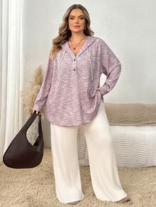 SHEIN CURVE+ Plus Size Women's Hooded Drawstring Button Waffle Knit Loose Casual Sweatshirt, Autumn/Winter Fall - Pink - View 6