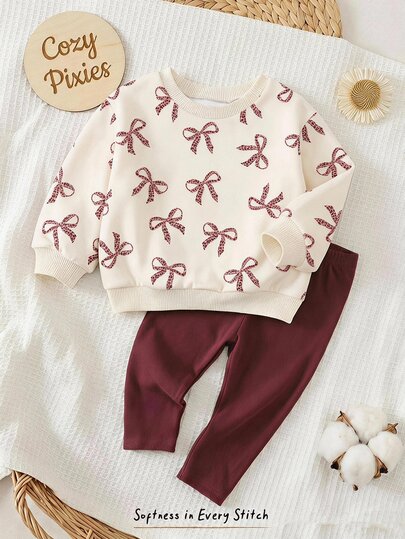 Baby Girl Casual Minimalist Loose Round Neck Sweatshirt & Elastic Waist Long Pants Set, Suitable For Autumn/Winter