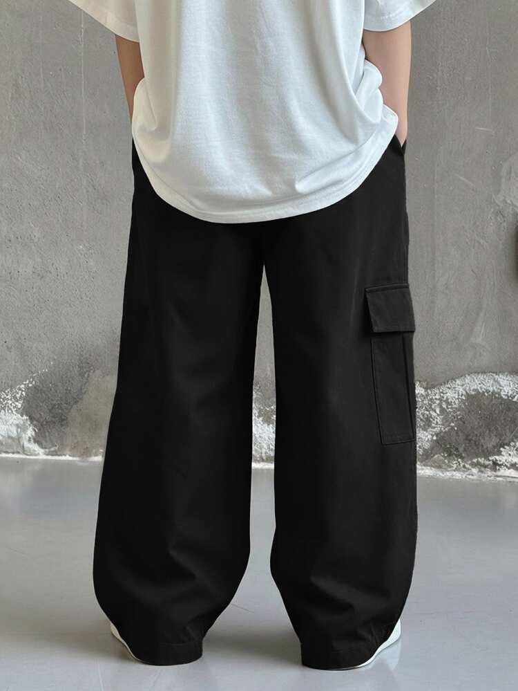 SHEIN Kids Young Boys Casual Sports Daily Comfortable Street Style Versatile Grey Cargo Straight Leg Pants Suitable For Spring Summer Autumn Winter - Black - View 3