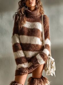 SHEIN Wide Stripe Turtleneck Sweater Dress Drop Shoulder Loose Short Knit Dress - Multicolor - View 1