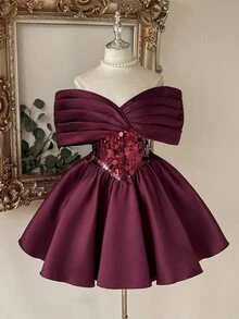 Lovelzi Elegant Romantic Fashionable Angola Red Satin Sequin Patchwork Strapless Off-Shoulder Adjustable Back Flared Short Party Dress, Wedding Guest Dress, Deep Red Dress, Bachelorette Party, Ball Gown - Burgundy - View 2