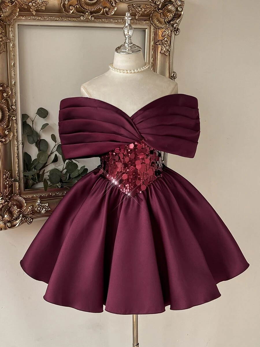 Lovelzi Elegant Romantic Fashionable Angola Red Satin Sequin Patchwork Strapless Off-Shoulder Adjustable Back Flared Short Party Dress, Wedding Guest Dress, Deep Red Dress, Bachelorette Party, Ball Gown