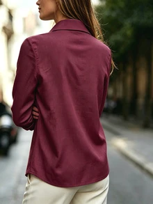 Louniche Women's Burgundy Button Down Shirt, Long Sleeve Collared Blouse,  Elegant Versatile Slimming Top, Spring/Autumn - Burgundy - View 2