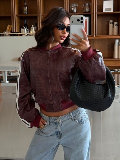 Siren Gaze Women's Colorblock Zipper Fashion Versatile Daily Casual Streetwear Quirky Sexy Jacket Night Out Burgundy Fall
