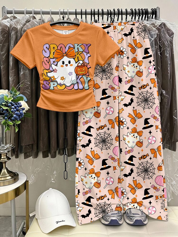 SHEIN Cute Sweet Orange Halloween Little Ghost Pumpkin Ghost Print, Bow Candy Floral, Tween Girls T-Shirt And Long Pants Knit 2-Piece Set Casual Daily Fashion Versatile Quirky Cute, Tween Girl Halloween Graphic - Multicolor - View 7