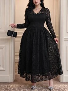 Vibekara Gaun Pesta Elegan Ukuran Besar Lengan Panjang Berenda untuk Musim Gugur - Hitam - View 1