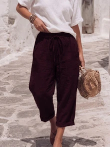 SHEIN Holidaya Casual Vacation Style Solid Color Long Pants - Red - View 6