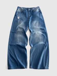 ROMWE MEN Men's Spider Web Embroidered Loose Fit Jeans - Medium Wash - View 3