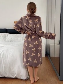 Napfluff رداء نسائي خريفي/شتوي بطبعة دب لطيفة كرتونية من صوف المرجان السميك بطول متوسط مع ربطة أمامية - شوكولاته بني - مشاهدة 2