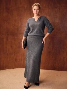 MOTF PREMIUM PLUS SIZE WOOL NOTCH NECK SWEATER - Dark Grey - View 1
