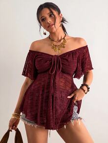 Freevana Plus Size Women's Vacation Ruched Tie Off Shoulder Top - Burgundy - View 6