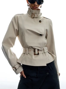 LYSMO Women's Solid Color Stand Collar Button Design Casual Versatile Long Sleeve Jacket - Apricot - View 3