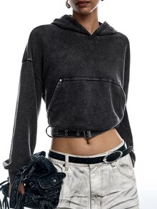 LYSMO Sweatshirt Crop Berkerudung Kasual Wanita dengan Sabuk dan Bahan Washed - Grey - View 7