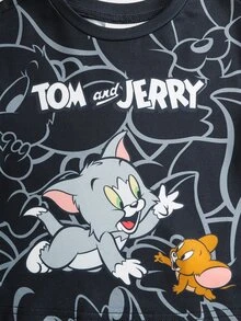 TOM & JERRY X SHEIN Baby Boy Cartoon Print Short Sleeve Top And Shorts Loungewear Set - Black - View 4