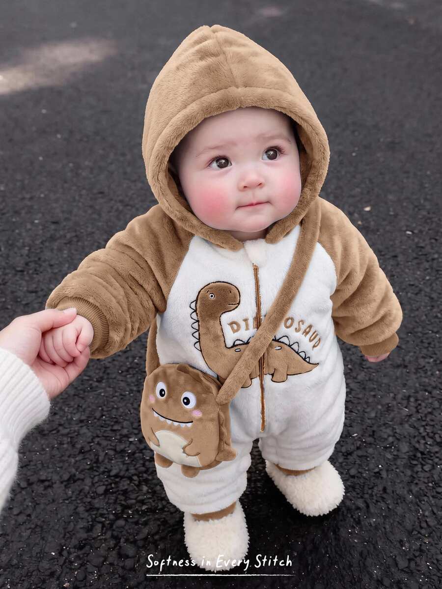 Cozy Pixies 男嬰卡通恐龍圖案保暖內裡拼接色連帽長袖連身衣,秋冬款,百搭舒適 - 卡其色 - 查看 1