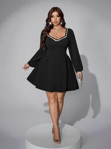 Viva Relle Plus Size Black Waist-Cinching Square Neck Decorated Long Sleeve Party Dress, Autumn/Winter Fall - Black - View 5