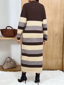 SHEIN Gaun Rajut Kasual Lengan Panjang Bergaris dengan Kerah Longgar dan Bahu Jatuh untuk Ibu Hamil, Musim Gugur dan Musim Dingin, Musim Gugur - MultiWarna - View 2