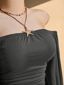 SHEIN ICON 女款大尺碼露肩純色抓皺腰部上衣 - 灰色 - 查看 8