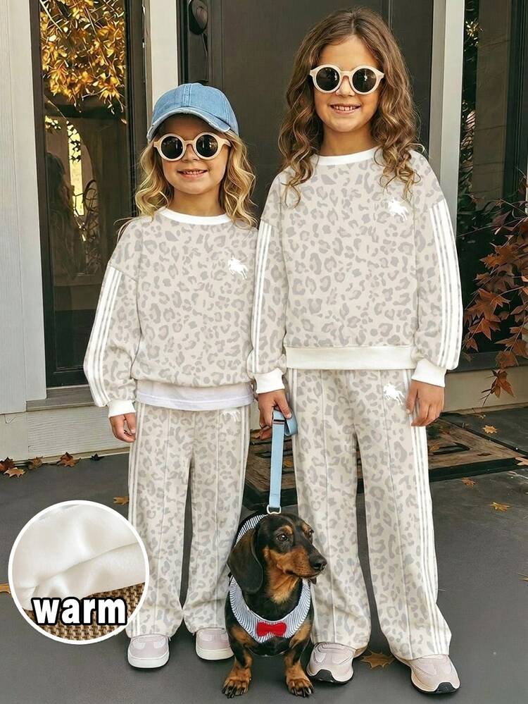 SHEIN Setelan 2 Potong Vintage Sweet Light Leopard Print, White Equestrian Sport Stripe Print, Sweatshirt Leher Bulat Bahu Jatuh & Celana Panjang Lurus untuk Anak Perempuan Remaja, Cocok untuk Perjalanan Sehari-hari, Kencan, Pesta, Musim Gugur/Dingin, Pantai, Wisuda, Mode, Kasual, Jalan-jalan, Elegan, Liburan, Y2K, Upacara Wisuda - MultiWarna - View 6