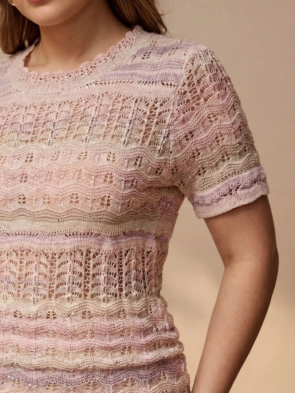 MOTF PLUS SIZE WOMEN'S PINK OMBRE HOLLOW KNIT TOP, SWEET STYLE FALL