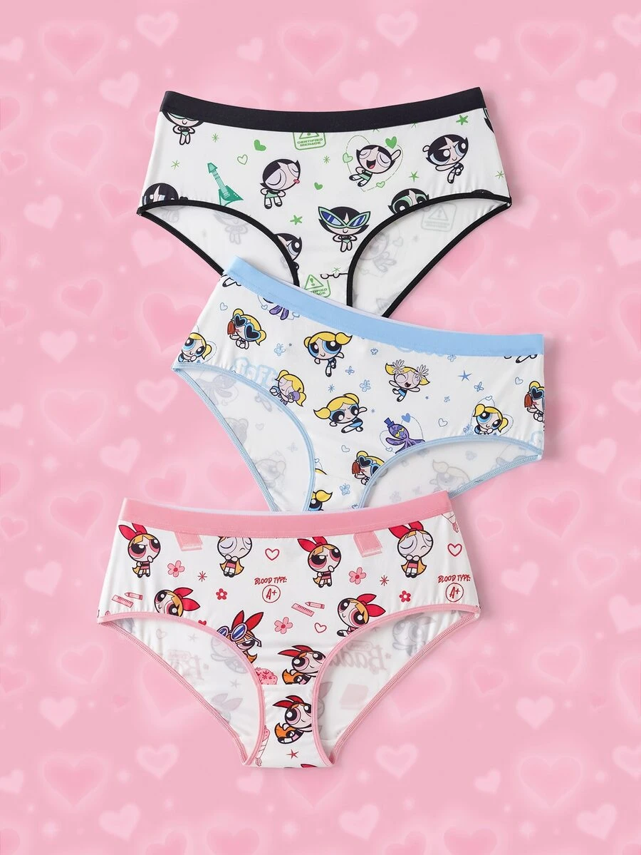 THE POWERPUFF GIRLS X SHEIN Quần lót tam giác in hoạt hình dễ thương size lớn - trắng - Xem 1