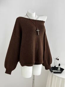 Elamini Women's Brown Casual Versatile Daily Commute Home Wear Fuzzy Asymmetric Neck Sweater 2 Pieces Set - Brown - View 3