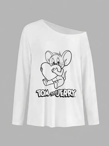 TOM & JERRY X SHEIN SHEIN EZwear 女款性感不對稱單肩長袖卡通印花T恤，適合外出、街頭穿搭、機場、時尚、返校、Y2K、派對、海灘度假、假日 - 白色 - 查看 2