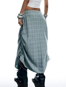 LYSMO Women's Fashion Plaid Drawstring Pleated Midi Skirt - Grey - View 2