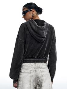 LYSMO Sweatshirt Crop Berkerudung Kasual Wanita dengan Sabuk dan Bahan Washed - Grey - View 2