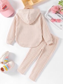 Elladie kids 女童新款杏色連帽長袖上衣與鬆緊腰休閒寬鬆軟針織長褲兩件套，春秋款 - 杏色 - 查看 2
