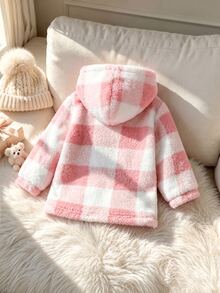 Elladie kids 女童 4-8 歲夾克，奶咖格紋柔軟絨毛連帽外套，適合秋冬、戶外活動、上學 - 粉色 - 查看 2