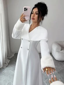 Elenzga Standard Size Women's French Lady Style White Cape Collar Long Overcoat With Faux Fur Sleeve Design, Elegant Overcoat - White - View 6