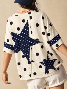 Bohemela Women's Polka Dot Print Star Patchwork T-Shirt - Multicolor - View 7