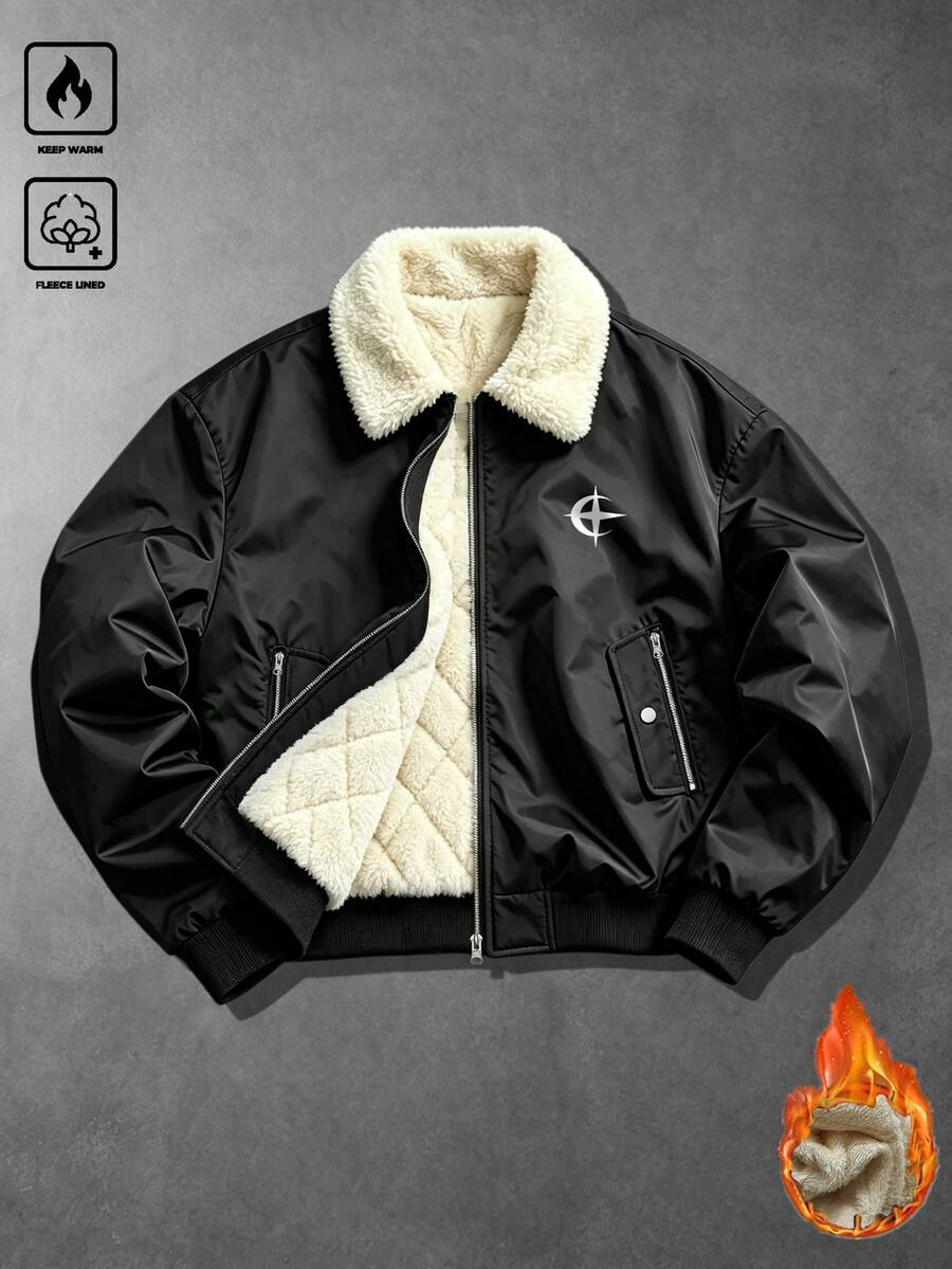 Manfinity EMRG Jaket Pria Musim Gugur/Dingin Motif Bintang & Bulan, Berlapisan Bulu Domba, Kerah Lipat, Manset Bergaris, Penutup Resleting & Kancing, Jaket Kerja Luar Ruangan - Hitam - View 1