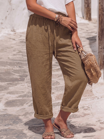 Breezaya Plus Size Women's Solid Color Drawstring Waist Casual Capri Pants, Versatile For Autumn/Winter/Summer, Suitable For Commuting, Vacation, Beach, Holiday, Outings, Brown