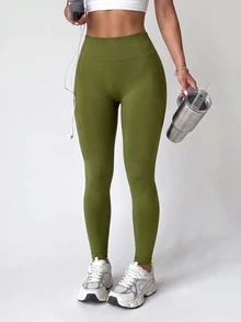 SHEIN Dewbera Women's Solid Color High Waist Casual Versatile Daily Wear Leggings - Green - View 4
