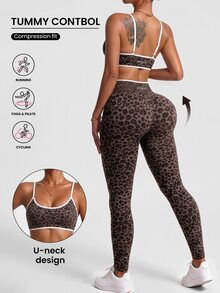 Slayform Leopard Print Seamless Fitted Sports Set - Brown - View 1
