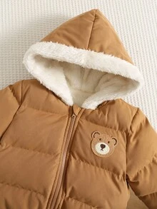 SHEIN 男嬰女嬰通用卡通熊拼接撞色連帽長袖夾克外套，百搭舒適保暖內裡加厚外套，適合秋冬穿著 - 棕色 - 查看 3